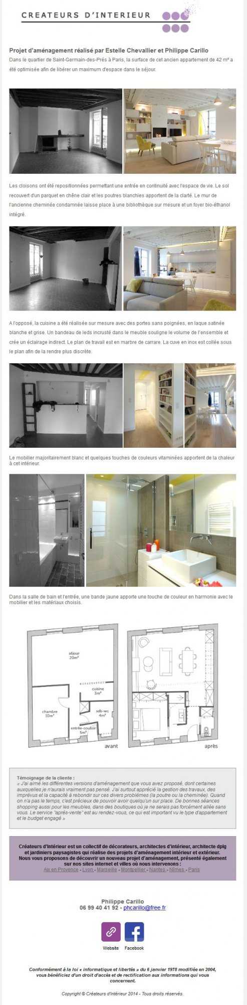 Newsletter d'octobre 2014 sur l'aménagement d'un appartement de 42m2 à Paris par un architecte d'intérieur.